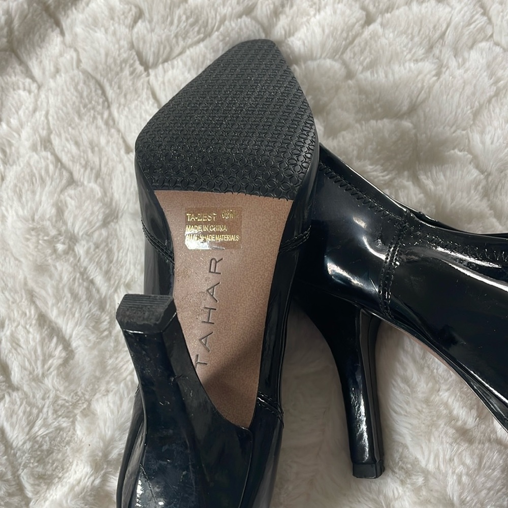 Tahari patent leather pointed heel booties